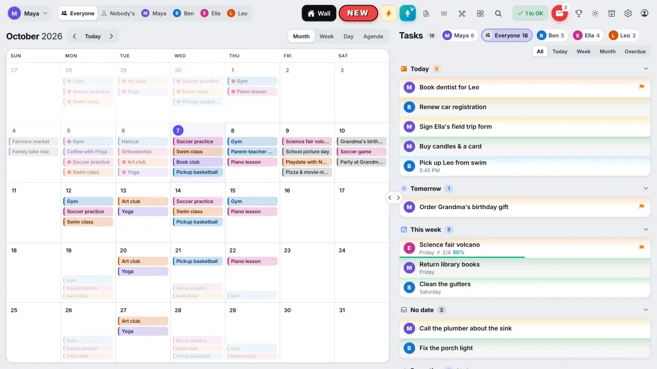 InVenn on a large monitor: the month calendar on the left with everyone's appointments in their colours, and the whole family's to-dos on the right, for today, tomorrow and this week