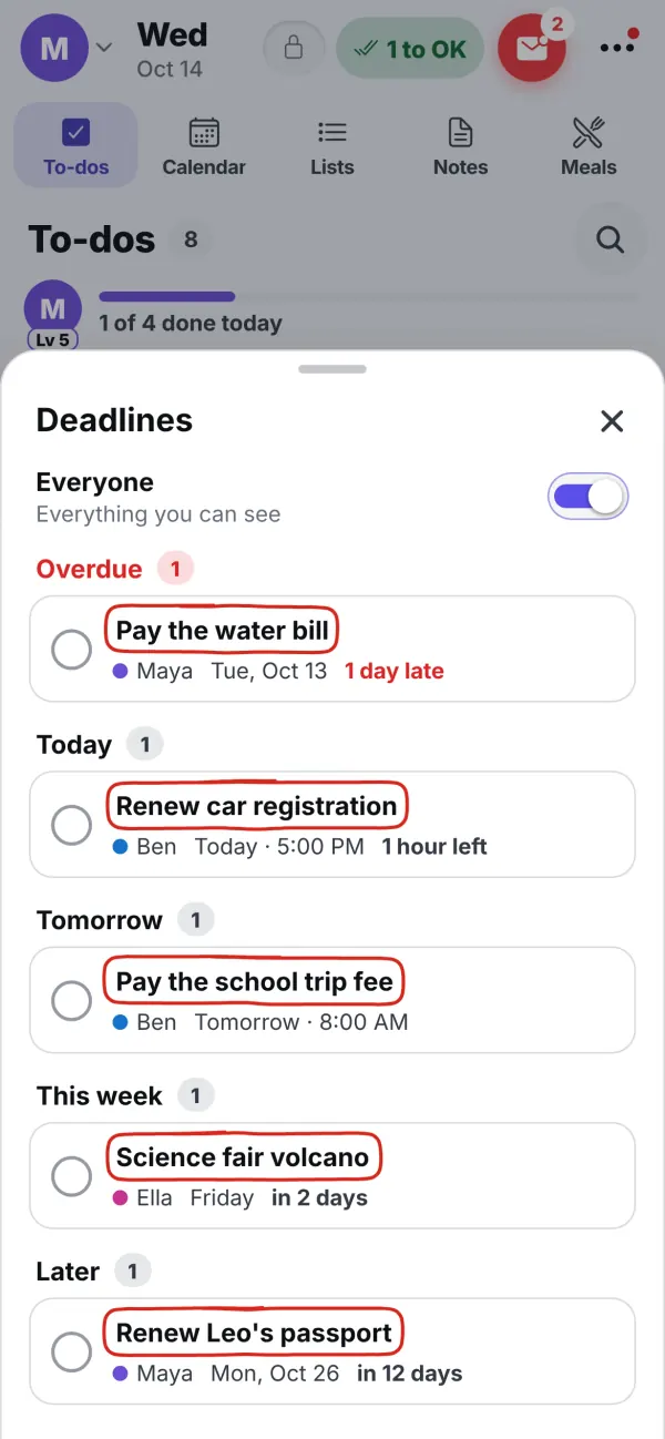 The deadlines list on a phone: overdue, today, tomorrow, this week and later, with time left beside each deadline