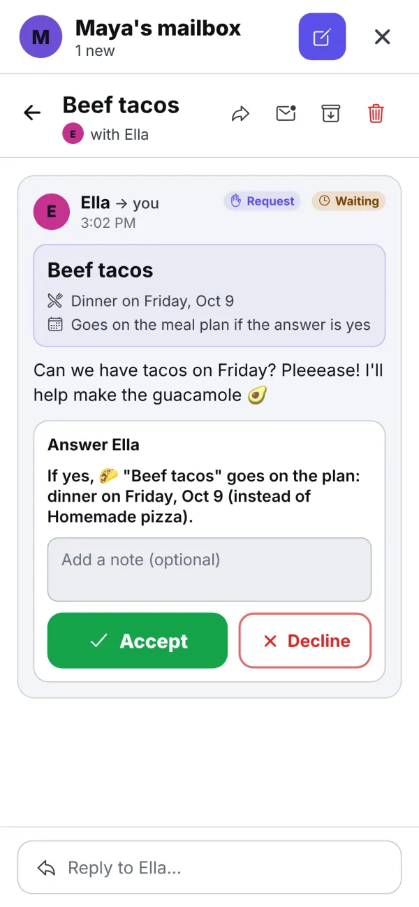 The family mailbox: Ella asks for beef tacos on Friday, with Accept and Decline