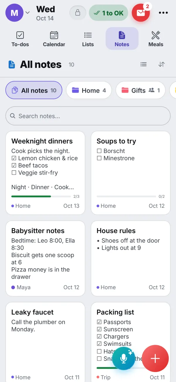 The Notes tab on a phone: notebook chips across the top, and note cards that show each note's notebook, who wrote it and its date