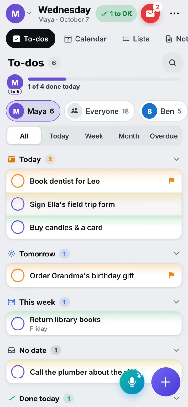 Maya's to-dos on a phone, grouped by today, tomorrow and this week, with priority colours