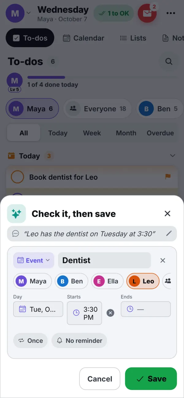 The voice-add card: "Leo has the dentist on Tuesday at 3:30" became an event called Dentist for Leo at 3:30 PM, with Save and Cancel