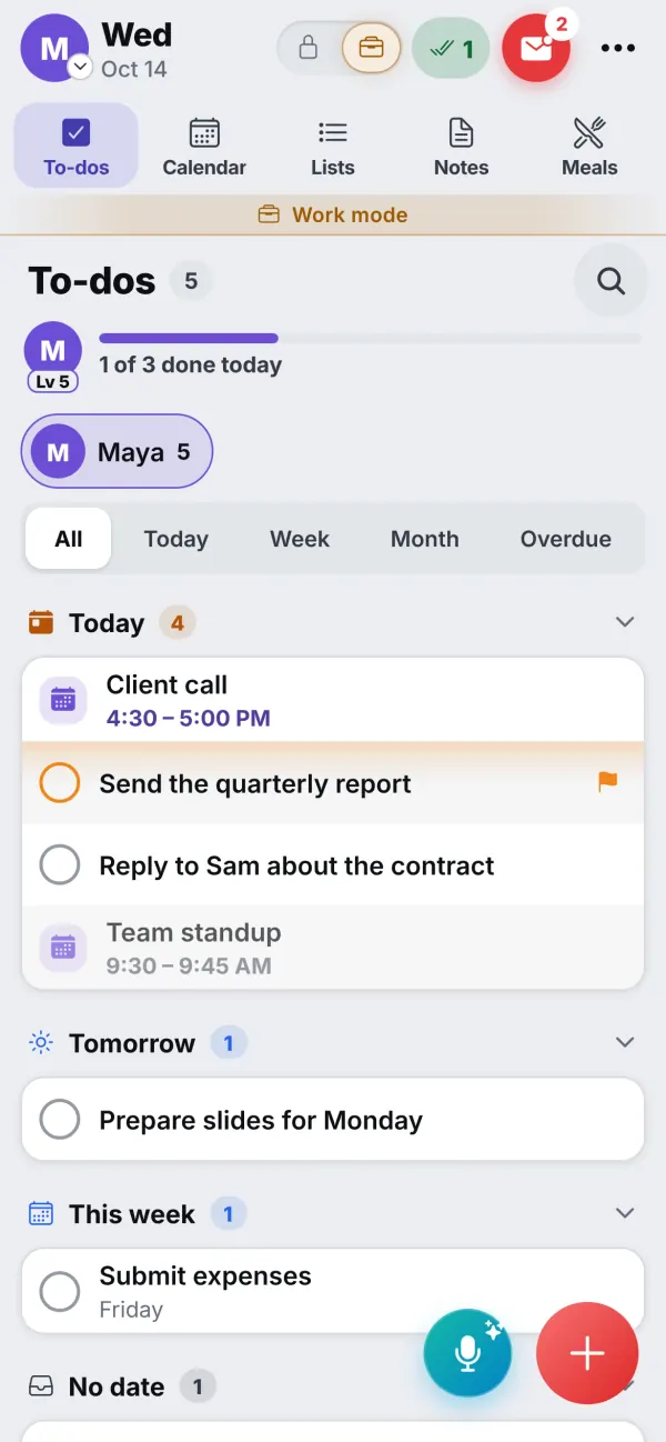 Maya's phone in Work mode: a slim Work mode band, and only her work to-dos for today, tomorrow and this week, with the family's things set aside