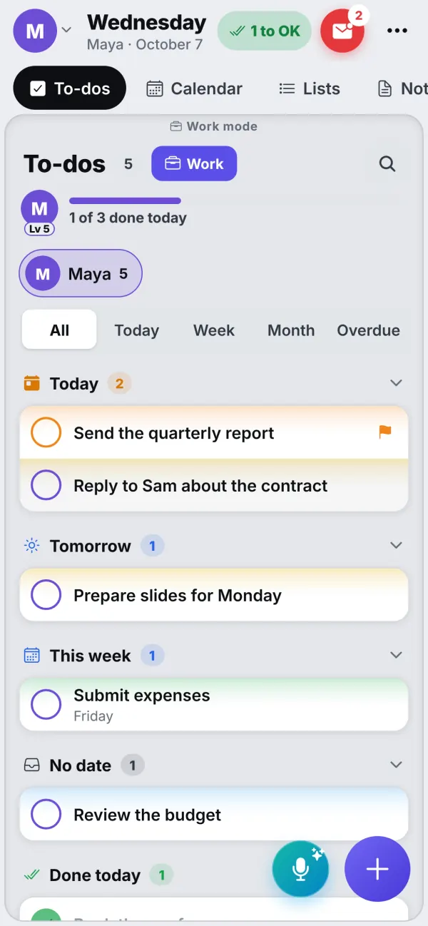 Maya's phone in Work mode: inside a frame, only her work to-dos for today, tomorrow and this week, with the family's things set aside