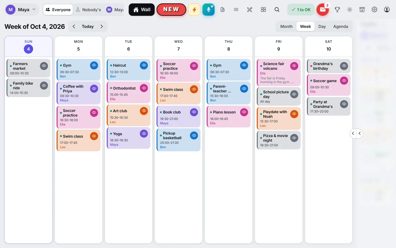 The week view of the family calendar on a tablet, every appointment coloured by person