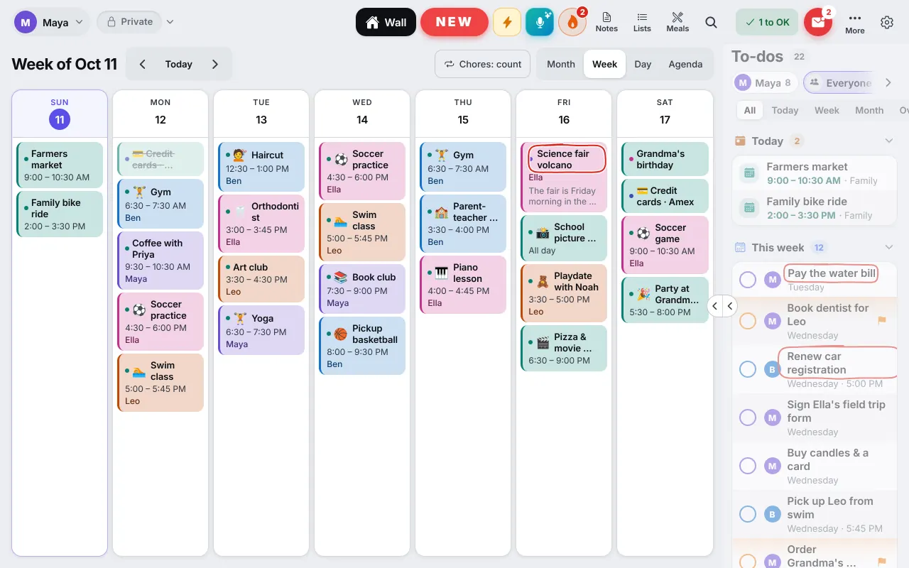 The week view of the family calendar on a tablet, every appointment coloured by person