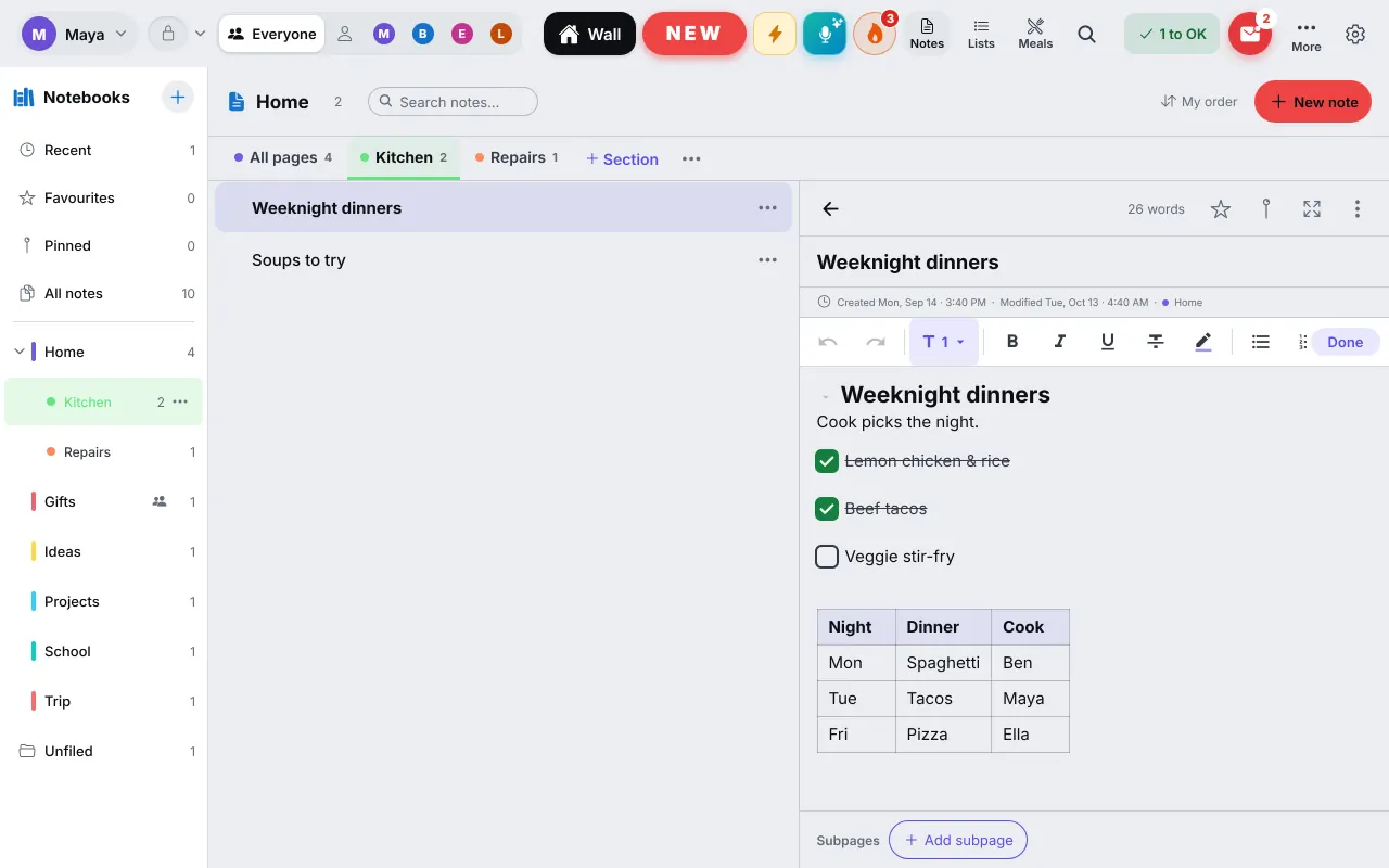 A notebook page on a tablet: the Home notebook with Kitchen and Repairs sections in the sidebar, and a page with a heading, a checklist and a table