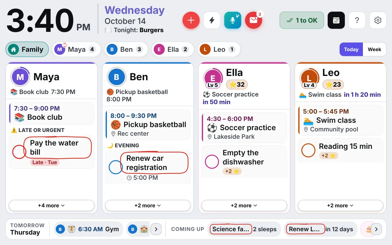 The Wall on a kitchen tablet: Ben's card with a neutral At work until 6:00 PM status that does not say what the work is