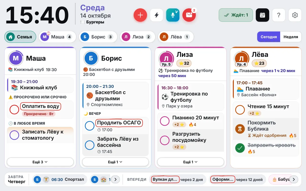 Стена на кухонном планшете: на карточке Бориса нейтральный статус «На работе до 18:00», в котором не сказано, чем он занят