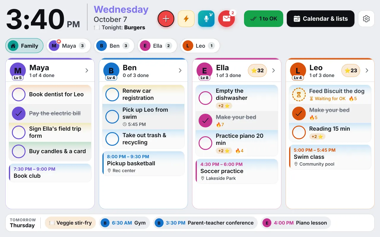 InVenn's Wall on a kitchen tablet: Maya, Ben, Ella and Leo each have a column with today's to-dos, chores and appointments, and tonight's dinner shows at the top